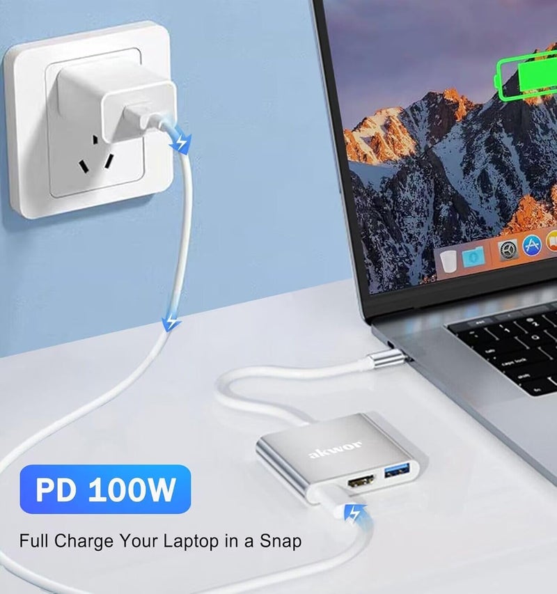 AKWOR محول USB C إلى HDMI 3 في 1 متعدد المنافذ، محول AV رقمي 4K مع USB 3.0 OTG PD 100W متوافق مع Thunderbolt 4/3 MacBook، iPad Air/Pro، إلى HDTV جهاز عرض شاشة - Image 4